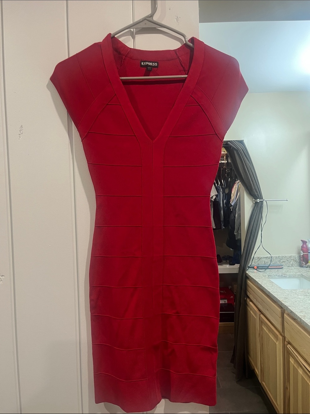 Express Red V-Neck Bandage Mini Dress